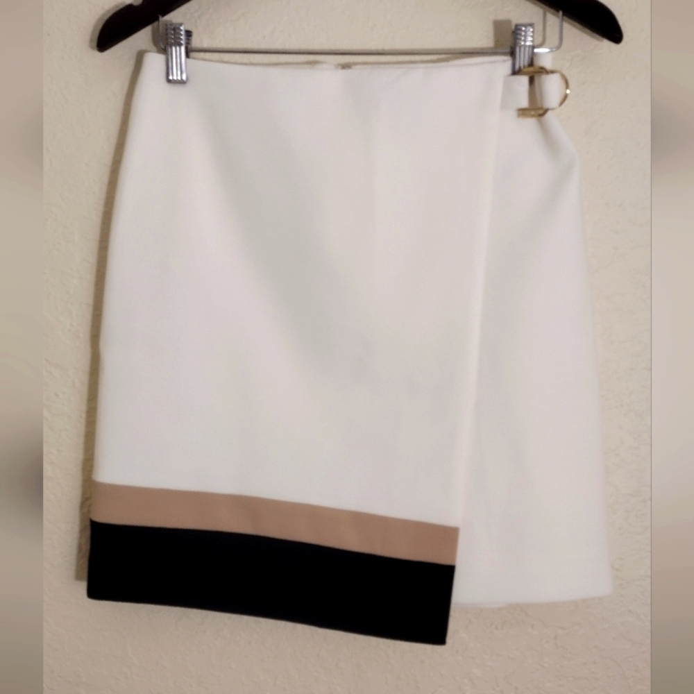 White House Black Market Ivory Tan Black Color Block Wrap Pencil Skirt - Picture 2 of 10
